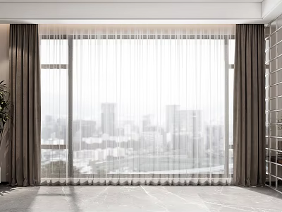 Modern Curtains With Sheer Panels For Floor To Ceiling Window City View 3d model