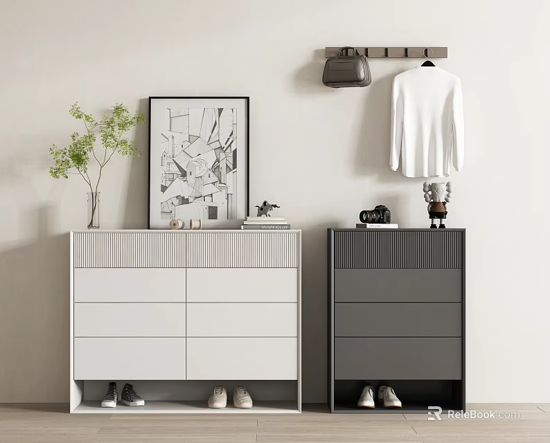 Modern Shoe Cabinet Interior With White And Gray Drawers Potted Plant Decorative Painting And Items 3d model 