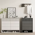 Modern Shoe Cabinet Interior With White And Gray Drawers Potted Plant Decorative Painting And Items
