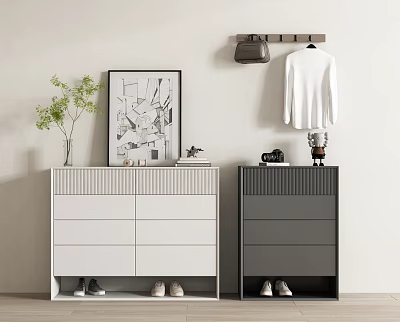 Modern Shoe Cabinet Interior With White And Gray Drawers Potted Plant Decorative Painting And Items 3d model