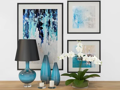 Modern Table Lamp with Black Lampshade Blue Vases White Orchid on Wooden Tabletop Near Paintings 3d model