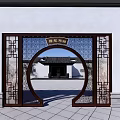 Traditional Chinese Garden Landscape Featuring Circular Gate Carved Lattice And White Walls