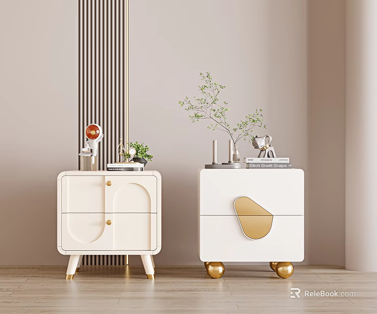 White Bedside Tables With Gold Accents And Decorative Plants On Top Surface 3d model 