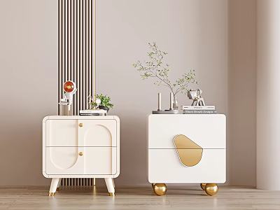 White Bedside Tables With Gold Accents And Decorative Plants On Top Surface 3d model