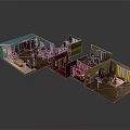 Cartoon Scene with Multi Room Layout Featuring Colorful Walls Miniature Figures and Furniture