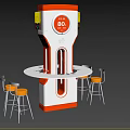 Red And Gray Industrial Equipment With Digital Display 88 And Worktable With Bar Stools