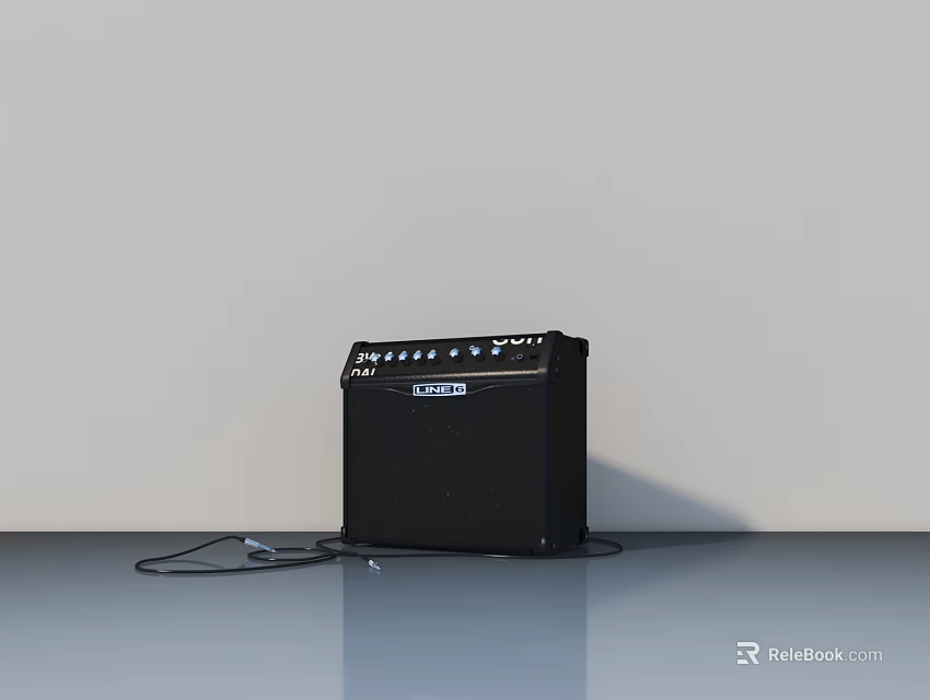 Black Electric Guitar Amplifier Placed On Gray Floor With Connected Cable 3d model 