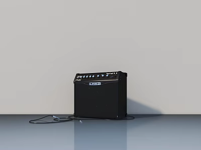 Black Electric Guitar Amplifier Placed On Gray Floor With Connected Cable 3d model