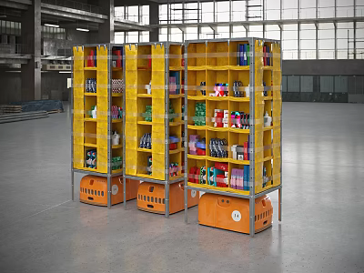 Industrial Storage Equipment Yellow Shelves With Orange Bases In Industrial Facility 3d model