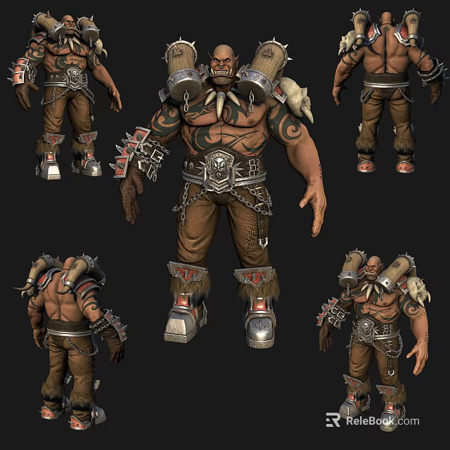 Muscular Tribal Warrior Character Design With Horned Armor Leather Outfit And Tribal Tattoos 3d model 