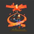 Wizard in White Hat Blue Outfit Casting Fire with Flaming Staff Surrounded by Fire Swirls
