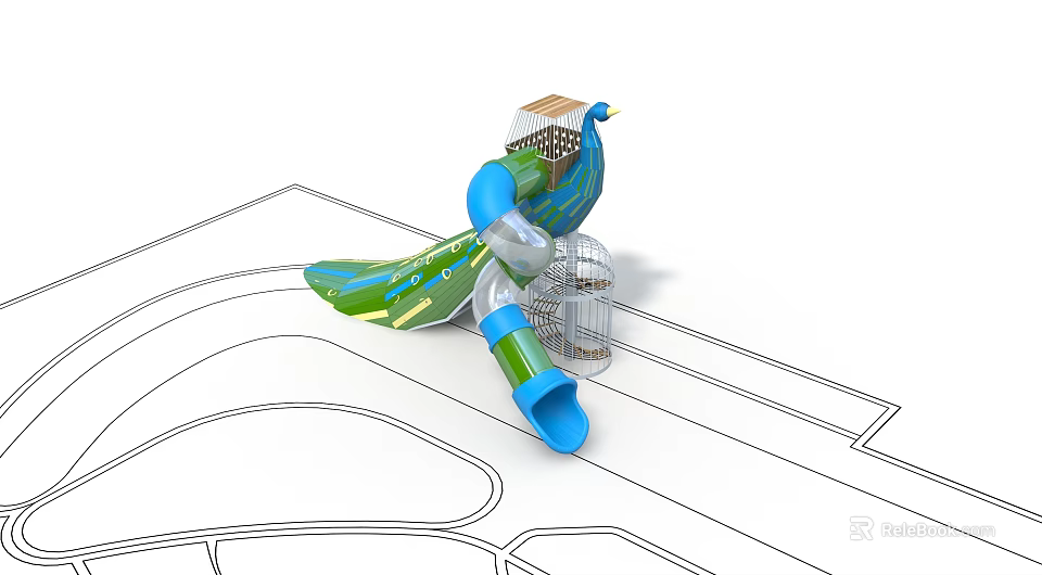 Kids Play Area With Peacock Shaped Design Blue Green Slides And Metal Mesh Climbing Structure 3d model 