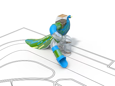 Kids Play Area With Peacock Shaped Design Blue Green Slides And Metal Mesh Climbing Structure 3d model