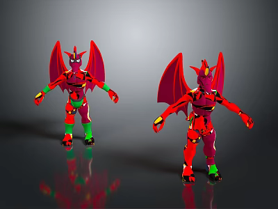 Two Red Dragons with Wings Standing as Mechanical Toy Figures 3d model