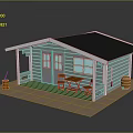 Small Cozy Cabin With Black Roof Blue Windows Porch And Wooden Table Chairs