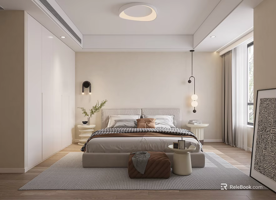 Modern Bedroom Interior Design With Striped Bedding Brown Cushions Black Wall Lamps And White Wardrobe 3d model 