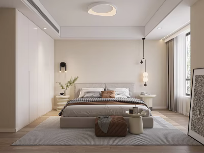 Modern Bedroom Interior Design With Striped Bedding Brown Cushions Black Wall Lamps And White Wardrobe 3d model