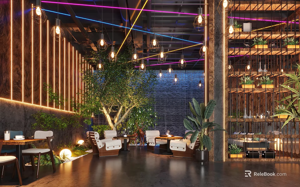 Modern Café Interior Design With Wooden Decor Hanging Lights Green Plants And Comfortable Seating 3d model 