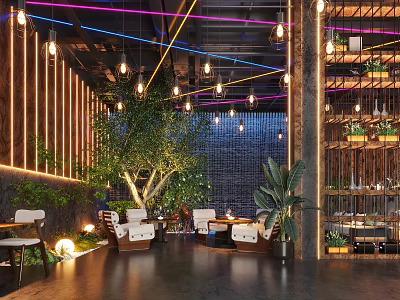 Modern Café Interior Design With Wooden Decor Hanging Lights Green Plants And Comfortable Seating 3d model