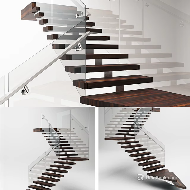 Modern Staircase Design With Glass Railing And Wooden Steps In Contemporary Interior 3d model 
