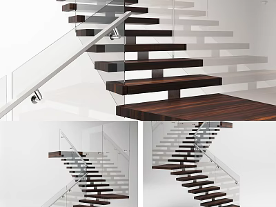 Modern Staircase Design With Glass Railing And Wooden Steps In Contemporary Interior 3d model