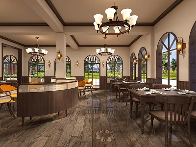 Classic Restaurant Interior With Chandeliers Arched Windows Wooden Tables And Chairs 3d model