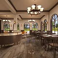 Classic Restaurant Interior With Chandeliers Arched Windows Wooden Tables And Chairs