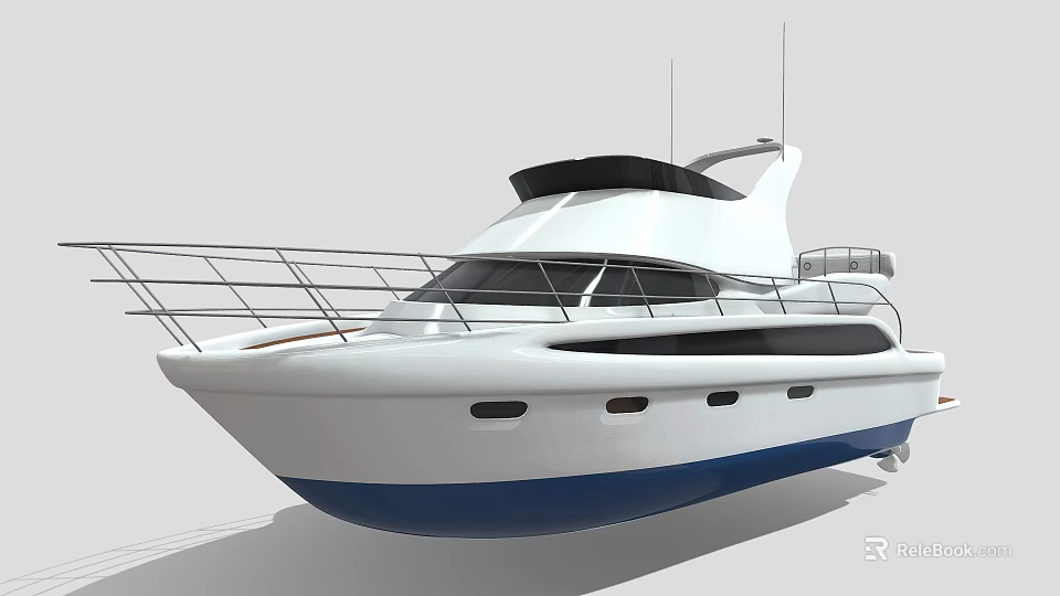 Elegant White and Blue Yacht with Railing Black Windows and Upper Deck 3d model 