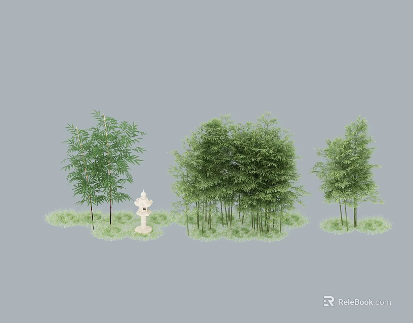 Various Bamboo Clusters With Lush Green Grass And White Decorative Ornament 3d model 