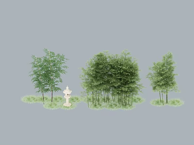 Various Bamboo Clusters With Lush Green Grass And White Decorative Ornament 3d model