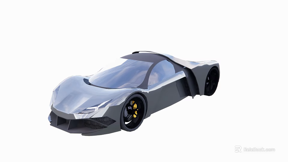 Silver Concept Sports Car With Sleek Design Transparent Roof Black Wheels And Yellow Brake Calipers 3d model 