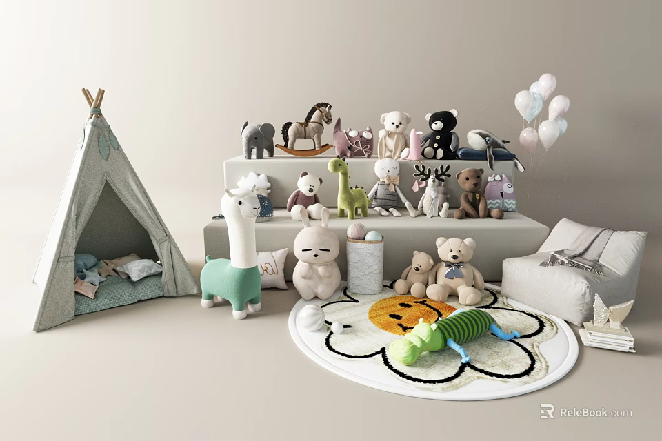 Stuffed Animal Dolls In Kids Playroom With Teepee Tent Play Rug And Balloons Setup 3d model 