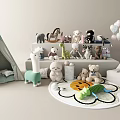 Stuffed Animal Dolls In Kids Playroom With Teepee Tent Play Rug And Balloons Setup