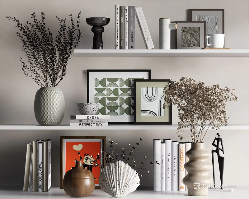 Stylish Decorative Ornament Combinations On Shelves With Vases Frames Books And Dried Plants 3d model 