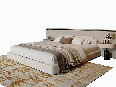 Modern White Double Bed with Soft Headboard Decorative Pillows Blanket and Nightstand Rug 3d model