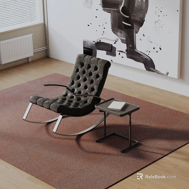 Modern Tufted Upholstered Accent Chair with Metal Frame and Side Table on Brown Rug 3d model 