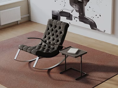 Modern Tufted Upholstered Accent Chair with Metal Frame and Side Table on Brown Rug 3d model