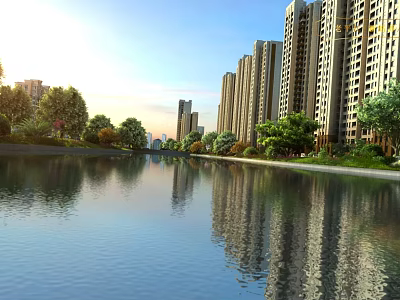 Residential Landscape With High Rise Buildings Waterfront Green Trees And Calm Water Reflections 3d model