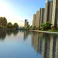 Residential Landscape With High Rise Buildings Waterfront Green Trees And Calm Water Reflections