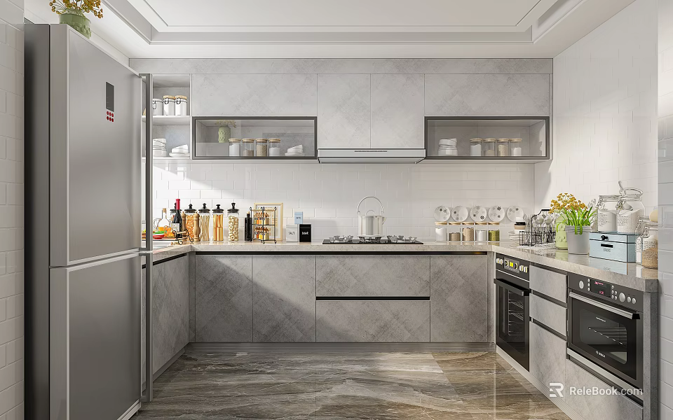 Modern Kitchen Interior With Gray Cabinets Glass Hanging Cabinets Marble Countertop And Stainless Steel Refrigerator 3d model 