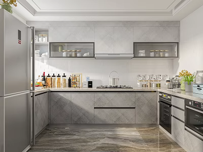 Modern Kitchen Interior With Gray Cabinets Glass Hanging Cabinets Marble Countertop And Stainless Steel Refrigerator 3d model