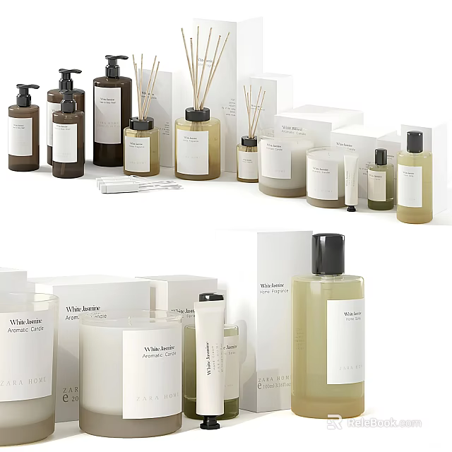 Natural Home Fragrance Collection With Essential Oil Diffusers Scented Candles And Body Lotion Bottles 3d model 