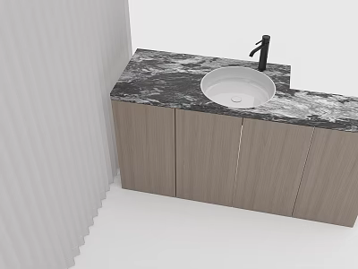 Modern Marble Countertop Washbasin Vanity With Wooden Cabinets And Black Faucet 3d model