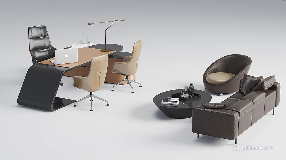 Modern Office Desk Setup With Computer Desk Lamp And Comfortable Chairs 3d model