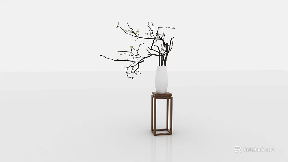 Minimalist White Vase With Slender Branches And Small White Flowers On Brown Table 3d model 