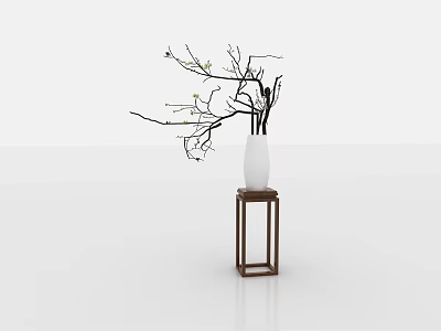 Minimalist White Vase With Slender Branches And Small White Flowers On Brown Table 3d model