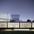 Modern Sales Office Building Design With Green Landscaping And Exterior Lighting Effects