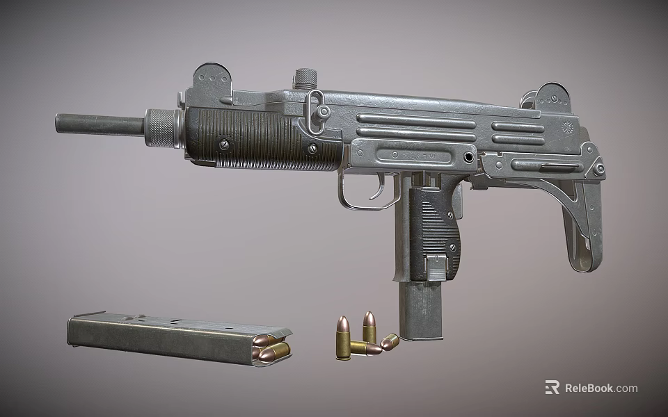 Vintage Submachine Gun Display With Magazine And Bullets On Gray Background 3d model 