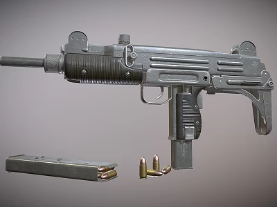 Vintage Submachine Gun Display With Magazine And Bullets On Gray Background 3d model