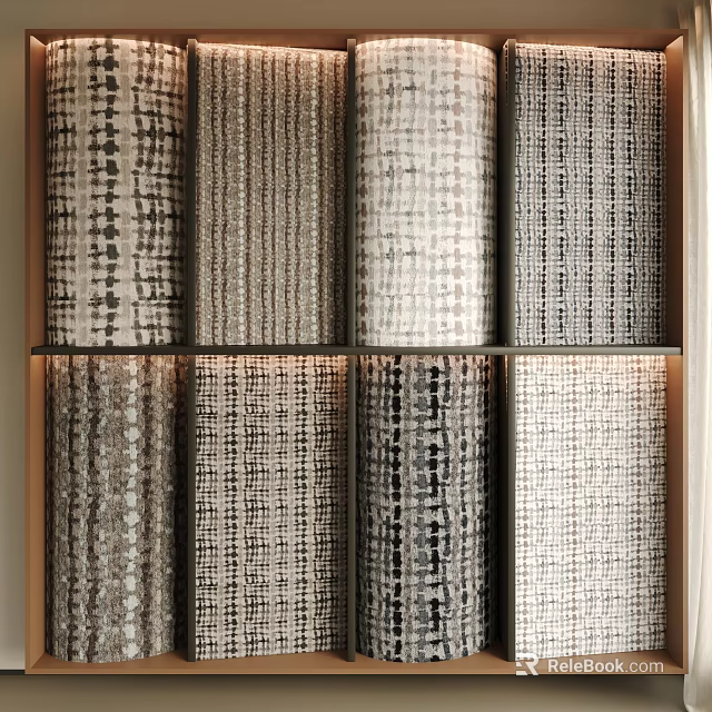 Various Textured Fabric Samples With Different Patterns Displayed On Shelf For Home Decor 3d model 